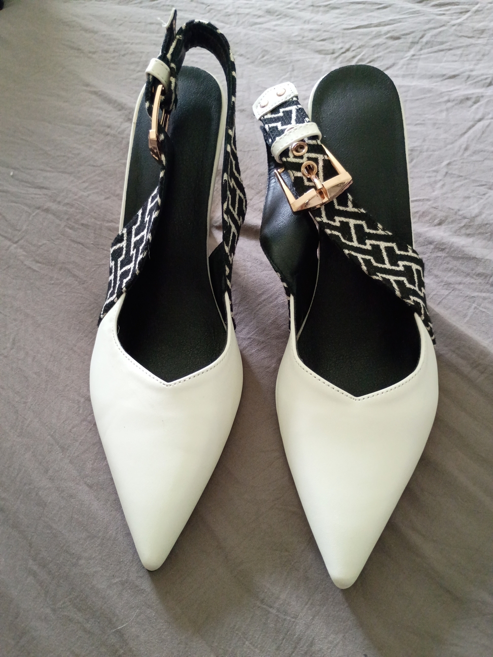 Pointed White Slingback Heels with Black Patterned Strap